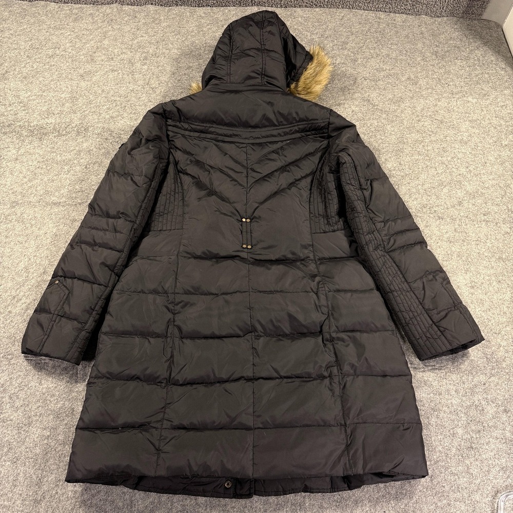 Larry Levine Jacket Womens Medium Black Long Puffer Down Coat Hood Faux Fur - Picture 10 of 10